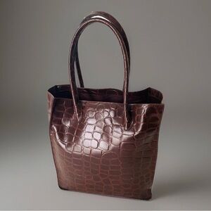 Vintage Safari Ralph Lauren Crocodile Print Tote Hand Duffle Bag Dark Brown